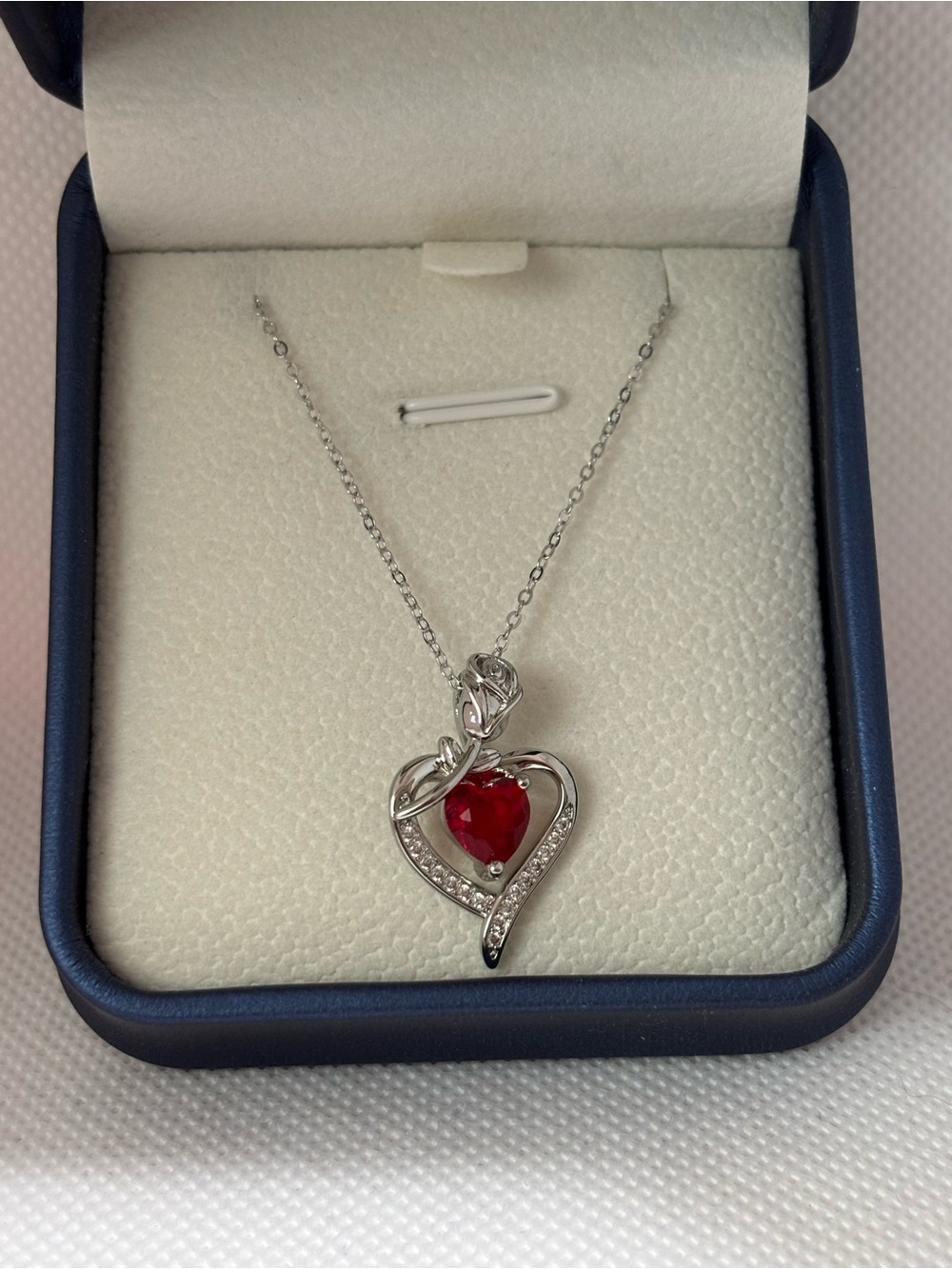 925 sterling silver Heart Pendant Necklace with Red Gem and a rose